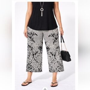 Mlle Gabrielle 3X Black & White Paisley Stripe Palazzo Pants  Boho Chic Wide Leg